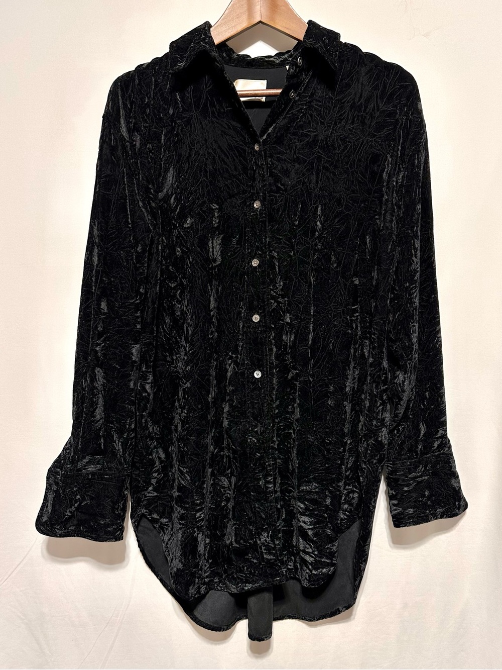 Le Fou Wilfred Black Crushed Velvet Button Down Tunic Shirt Silk Trim Size 1